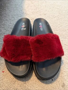 Faux-Fur Red Slide Slippers with Cushioned Footbed